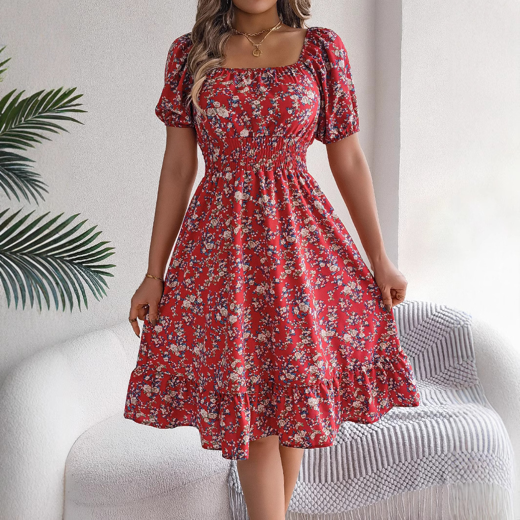 Real shot of 2026 Spring/Summer European and American style floral square neck short-sleeved fitted waist ruffle A-line skirt. Amazon cross-border women's clothing. - Image 2