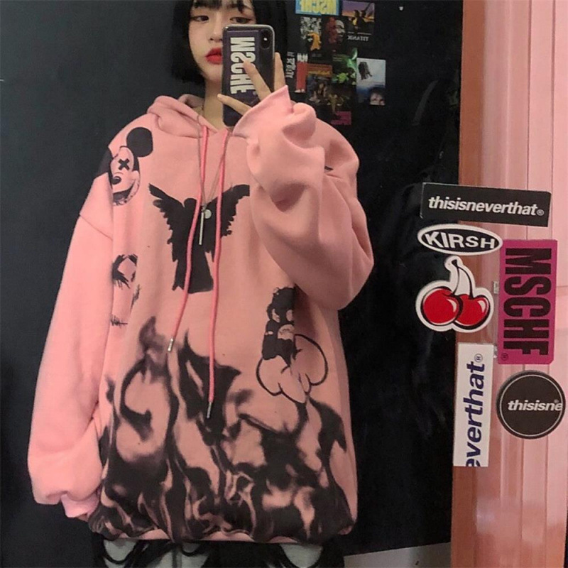 2021 Autumn and Winter Trend ins Harajuku Pink Girl Cartoon Anime Print Loose Plush Hooded Sweatshirt Women - Image 11
