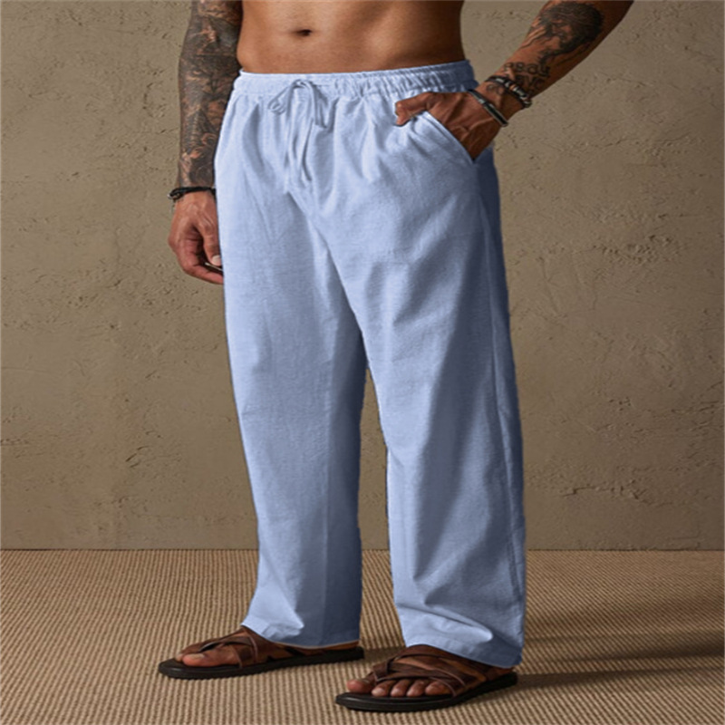 Cross-border European and American style men's linen drawstring solid color breathable outdoor loose casual straight leg cotton linen trousers - Image 2
