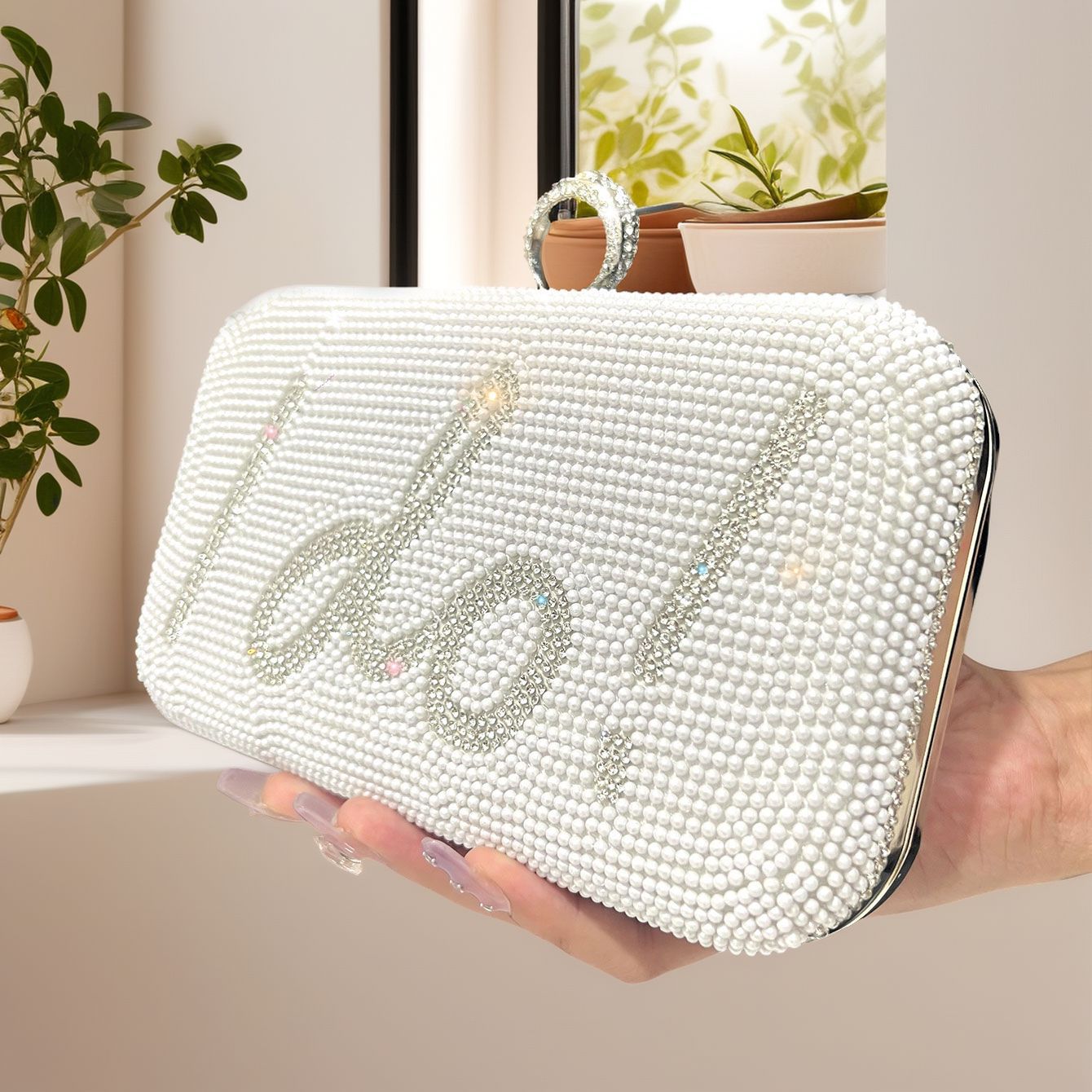 Cross-border white pearl clutch bag chain crossbody rhinestone box bag fashionable all-match crossbody evening bag mobile phone bag - Image 3