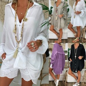Cross-border foreign trade 2023 European and American large size women's solid color button loose sun protection clothing long-sleeved casual shirt women's top