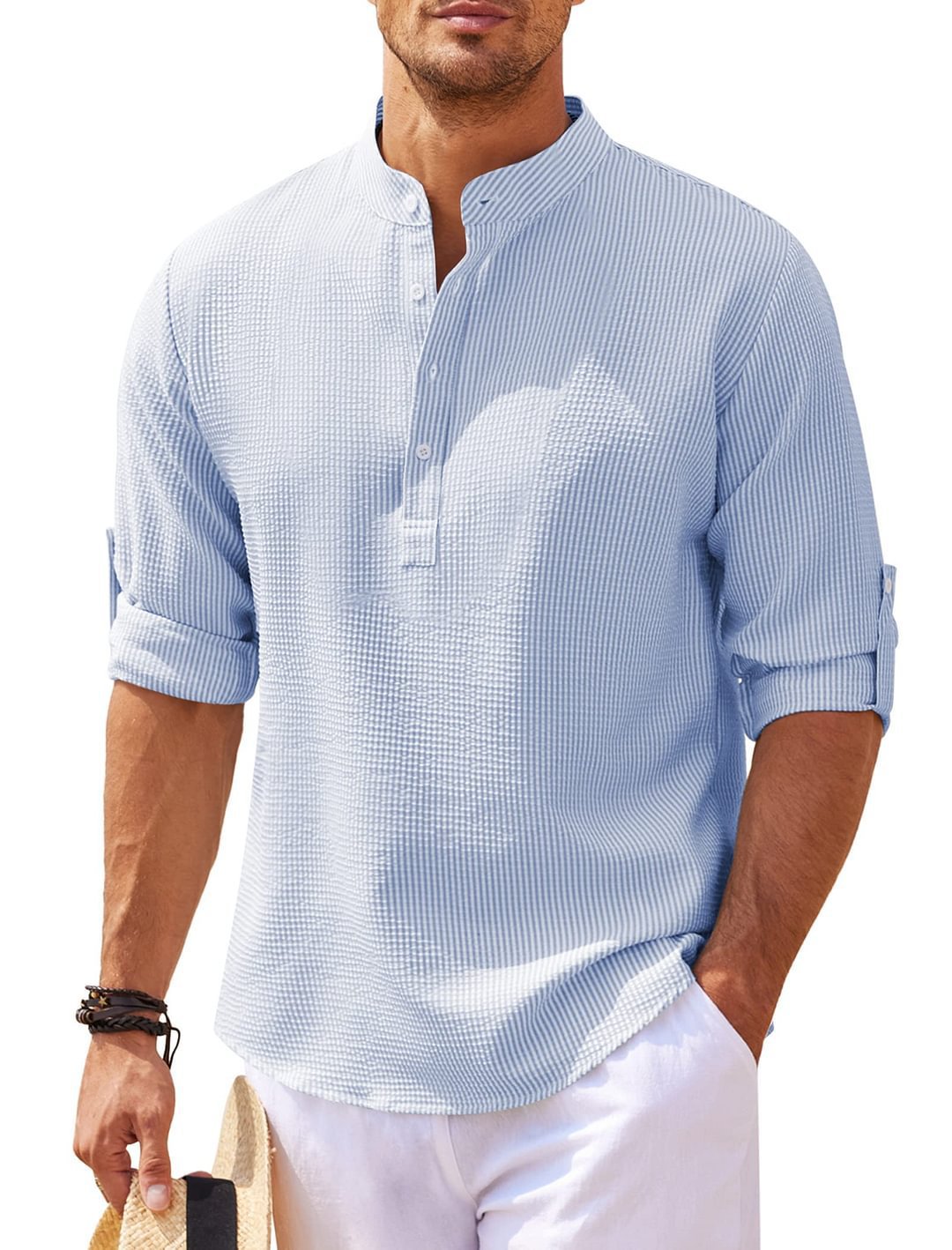 European and American style men's long-sleeved shirts, stand-up collar, half-button shirts, pineapple plaid shirts, men's casual shirts, wholesale. - Image 9