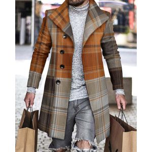 2026 Spring/Autumn New Style Men's 3D Digital Printed Woolen Collar Coat, Plaid Overcoat