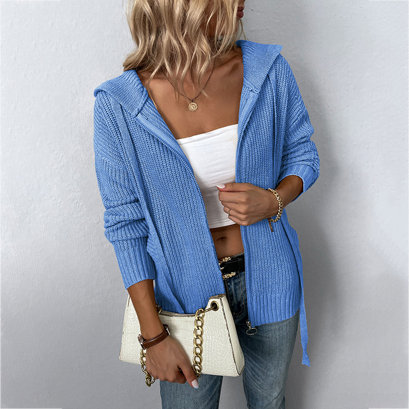 Drizzle Solid Color Hooded Zipper European and American Knitwear Autumn and Winter New Drawstring Pocket Sweater Women's Cardigan Jacket - Image 4