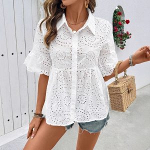 2026 Spring/Summer Foreign Trade European and American Cross-border E-commerce Mid-Sleeve Collared Cardigan with Lace Trim and Hollow-Out Pure White Chiffon T-Shirt for Women