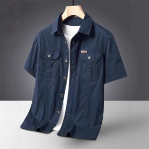 American-style workwear trendy casual short-sleeved shirt for men, new summer 2025 style, fashionable multi-pocket shirt jacket.