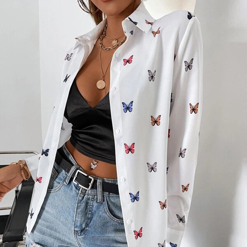 Women's Fashion Printed Long-Sleeved Shirt with Butterfly Print Collar, Available on AliExpress for European and American Exports - Image 4
