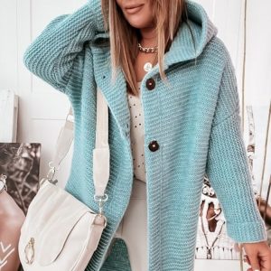2025 New Style Hooded Knit Cardigan, Elegant and Commuting Style, Loose Fit, Plus Size, Cross-border Sweater