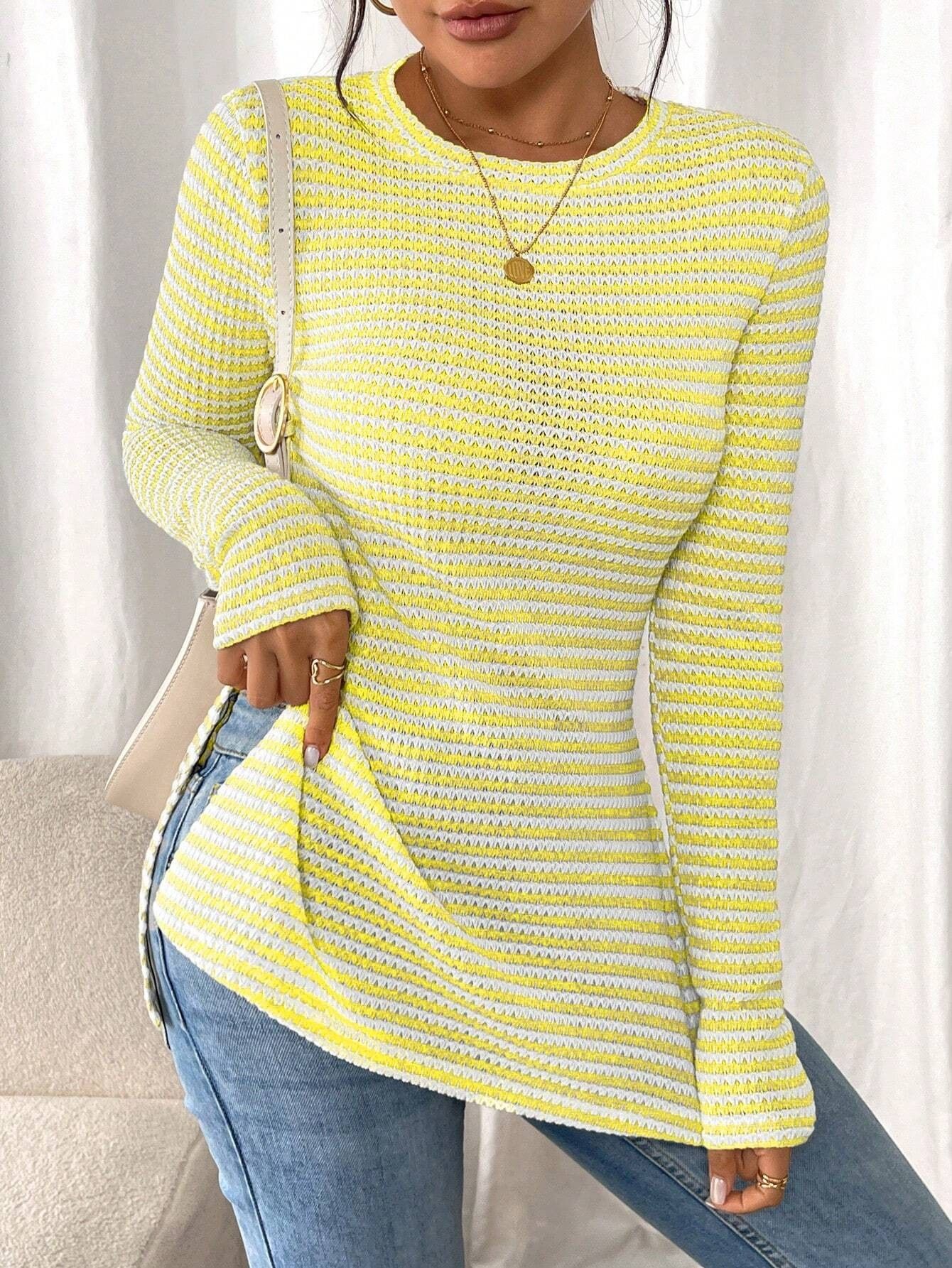 New European and American cross-border foreign trade women's round neck casual striped base layer top with side slit sexy T-shirt, slimming - Image 10