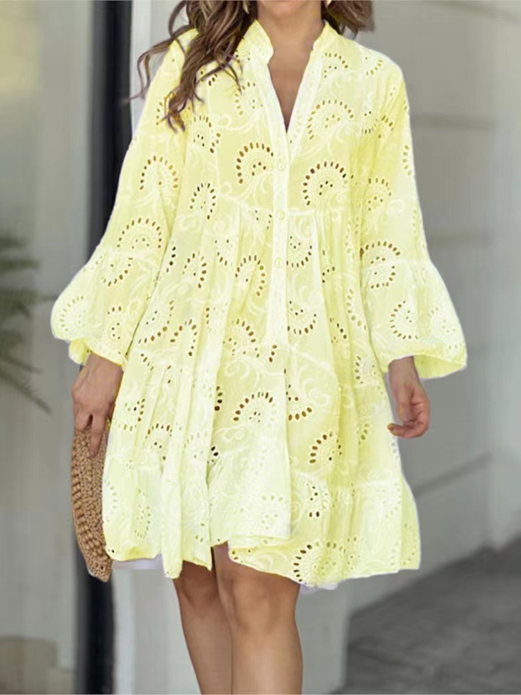 Spot 2023 European and American cross-border spring and summer Amazon solid color V-neck loose embroidery hollow lace dress - Image 10