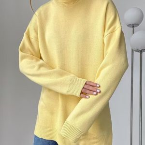autumn and winter new hot selling models European and American loose slit turtleneck sweater solid color