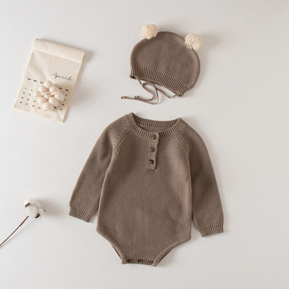 2021 Korean version of the newborn baby autumn knitted jumpsuit male and female baby cute hat bag fart crawling sweater - Image 4