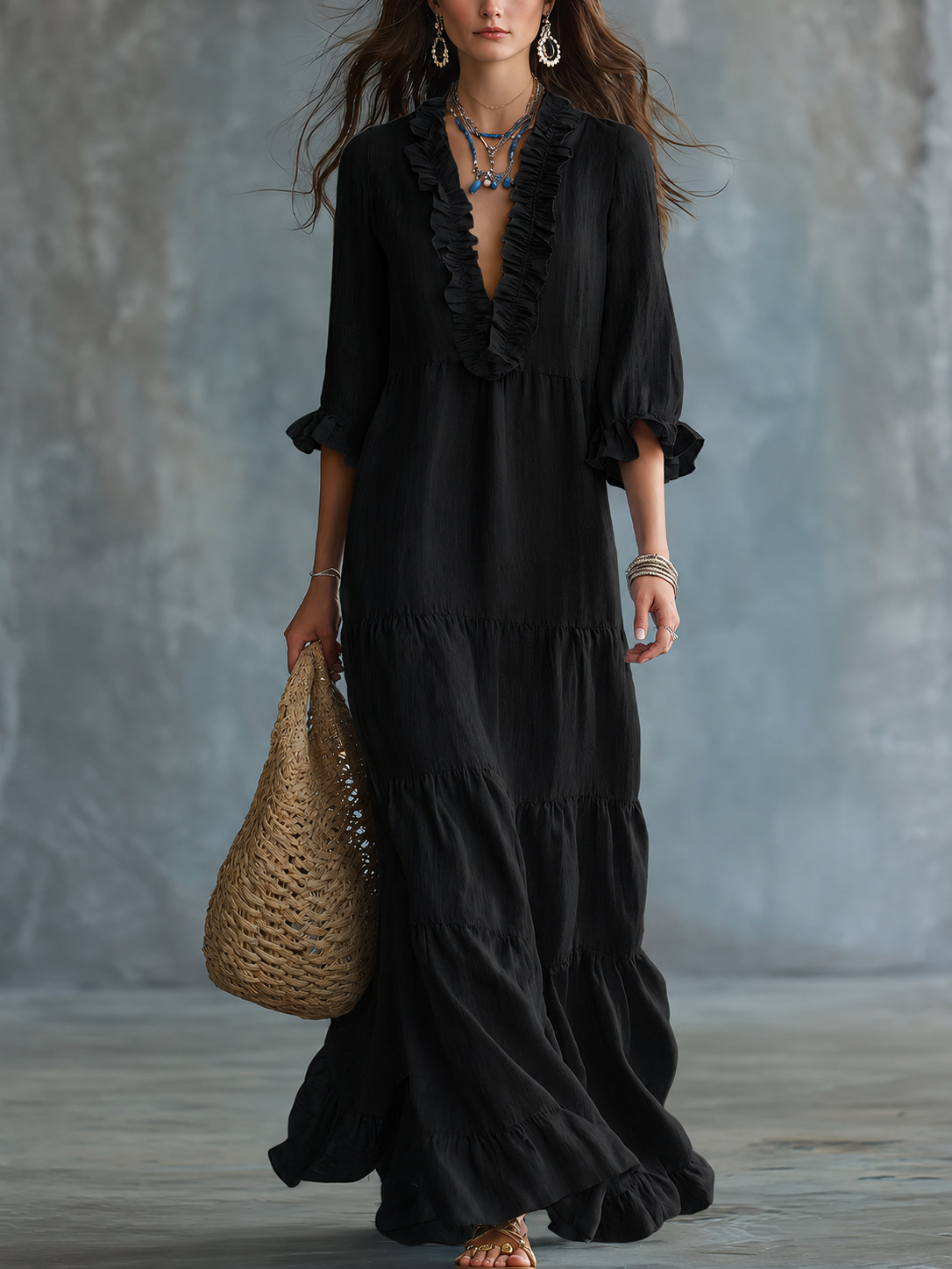 European and American cross-border Amazon TK women's bohemian V-neck layered casual flowy long ruffle dress - Image 12