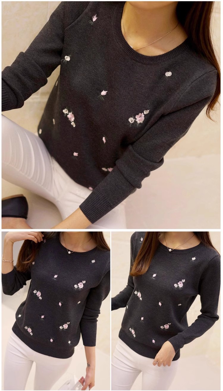 New Autumn Korean Style Slim Fit Plum Blossom Embroidered Round Neck Knitted Sweater Long Sleeve Women's Pullover Sweater for Autumn and Winter - Image 8