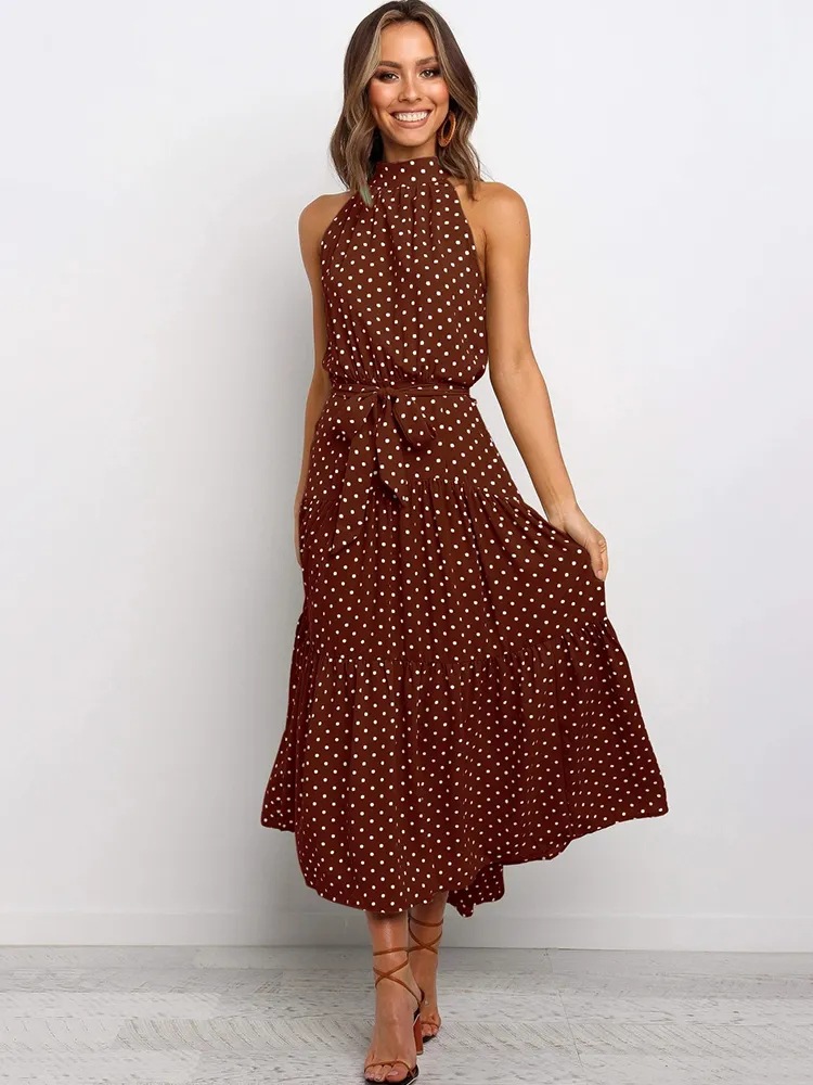 2025 European and American cross-border Amazon women's long skirt foreign trade hot-selling new halter neck polka dot print lace-up dress - Image 16