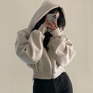 2025 Autumn/Winter New Arrival: Ins-style Fleece-lined, Versatile, Fashionable Short Slim Fit Zipper Warm Solid Color Hooded Sweatshirt for Women