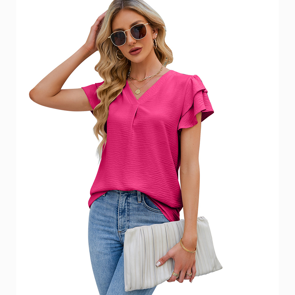 Cross-border European and American women's clothing, 2025 summer new style, Amazon women's V-neck chiffon ruffled blouse short-sleeved top. - Image 10