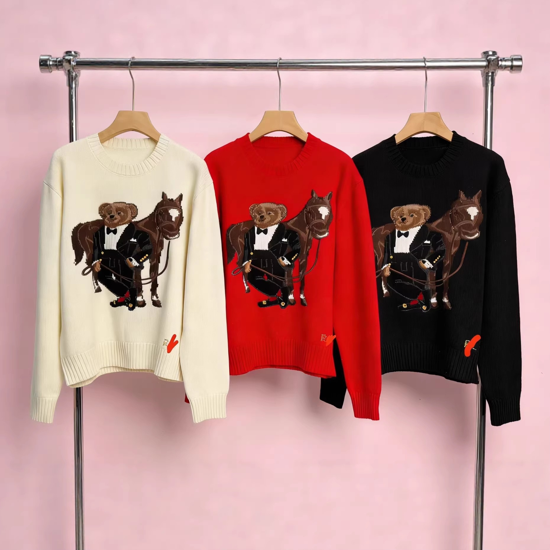 Top-quality pony logo, scannable QR code, R-L wool heavy-duty cartoon bear autumn/winter sweater for women, casual style. - Image 2