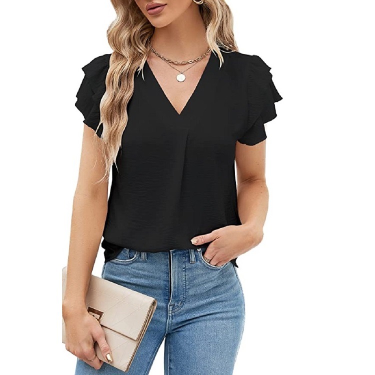 Cross-border European and American women's clothing, 2025 summer new style, Amazon women's V-neck chiffon ruffled blouse short-sleeved top. - Image 5
