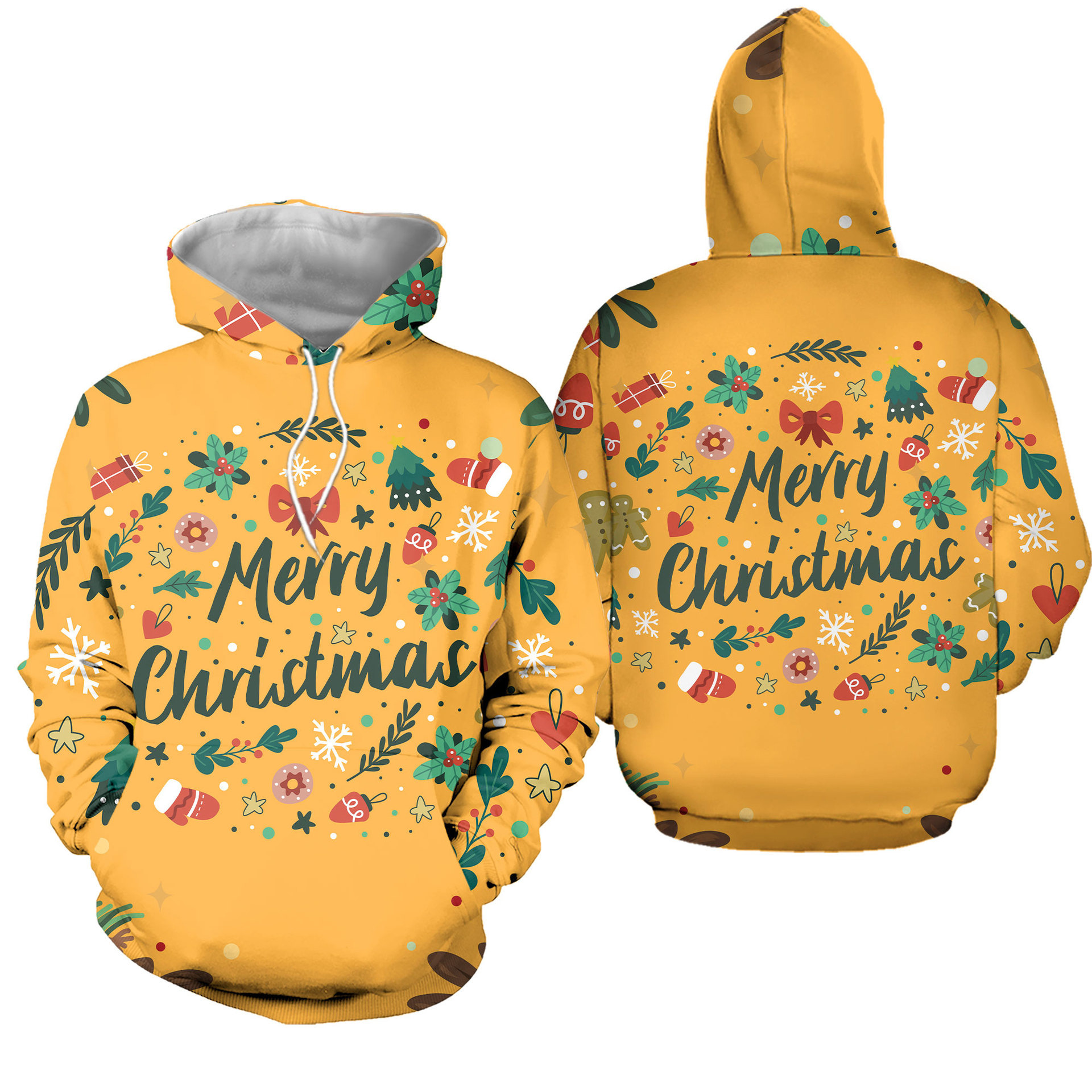 European and American all-match Christmas theme sweatshirt with full print floral Christmas elements and letter hooded sweatshirt with casual style