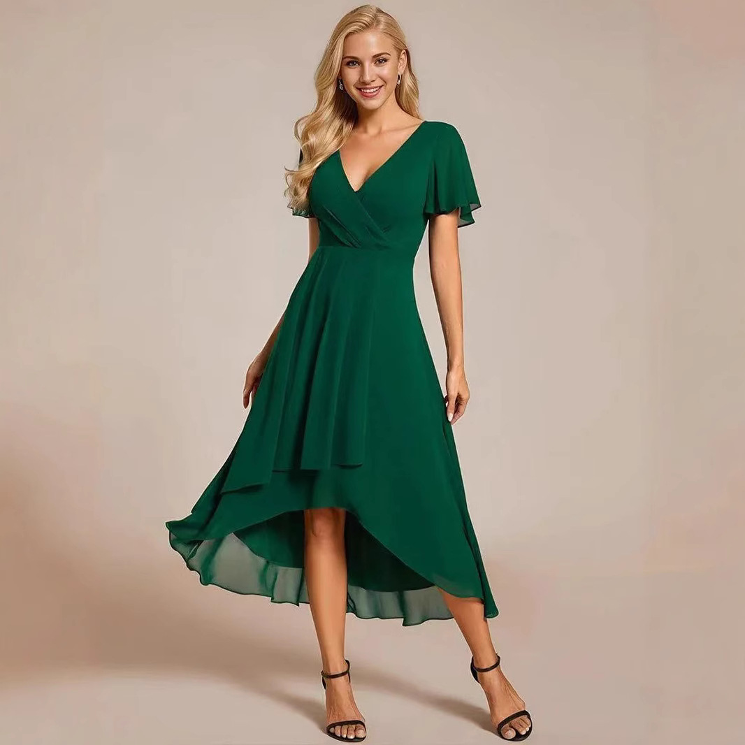 2025 Hot Selling New European and American Cross-border Summer Solid Color V-neck Ruffle Sleeve Chiffon Elegant Party Dress - Image 2