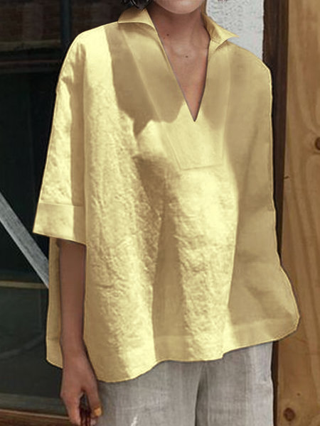2026 Spring/Summer Amazon European and American Cross-Border V-Neck Cotton Linen Versatile Solid Color Plus Size Loose Mid-Sleeve Women's Shirt - Image 10