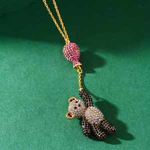 High-end design pink rhinestone balloon tassel bear necklace, cute and elegant animal series panda clavicle chain