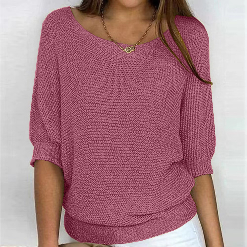 2026 New Russian AliExpress Wish Solid Color Crew Neck Knitted Top Women's Three-Quarter Sleeve Top Air Conditioning Shirt In Stock - Image 18