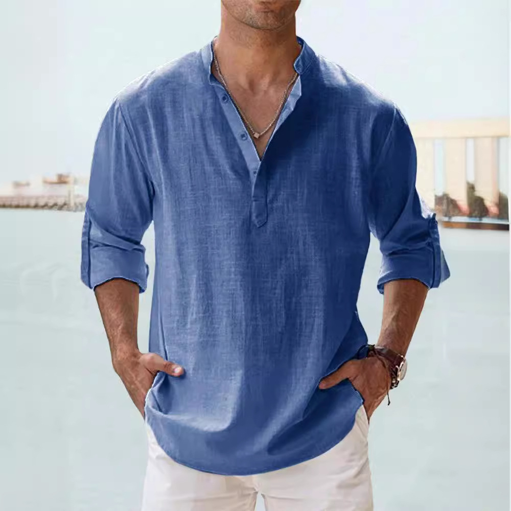 Summer New Casual Men's Loose Fit Stand Collar Sports Solid Color Long Sleeve Pure Cotton Shirt Plus Size Available - Image 2