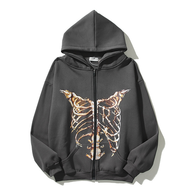 2022 European and American High Street Hip Hop Retro Skeleton Destroyed Printed Cardigan Jacket Couple Style Plus Velvet Loose Hoodie