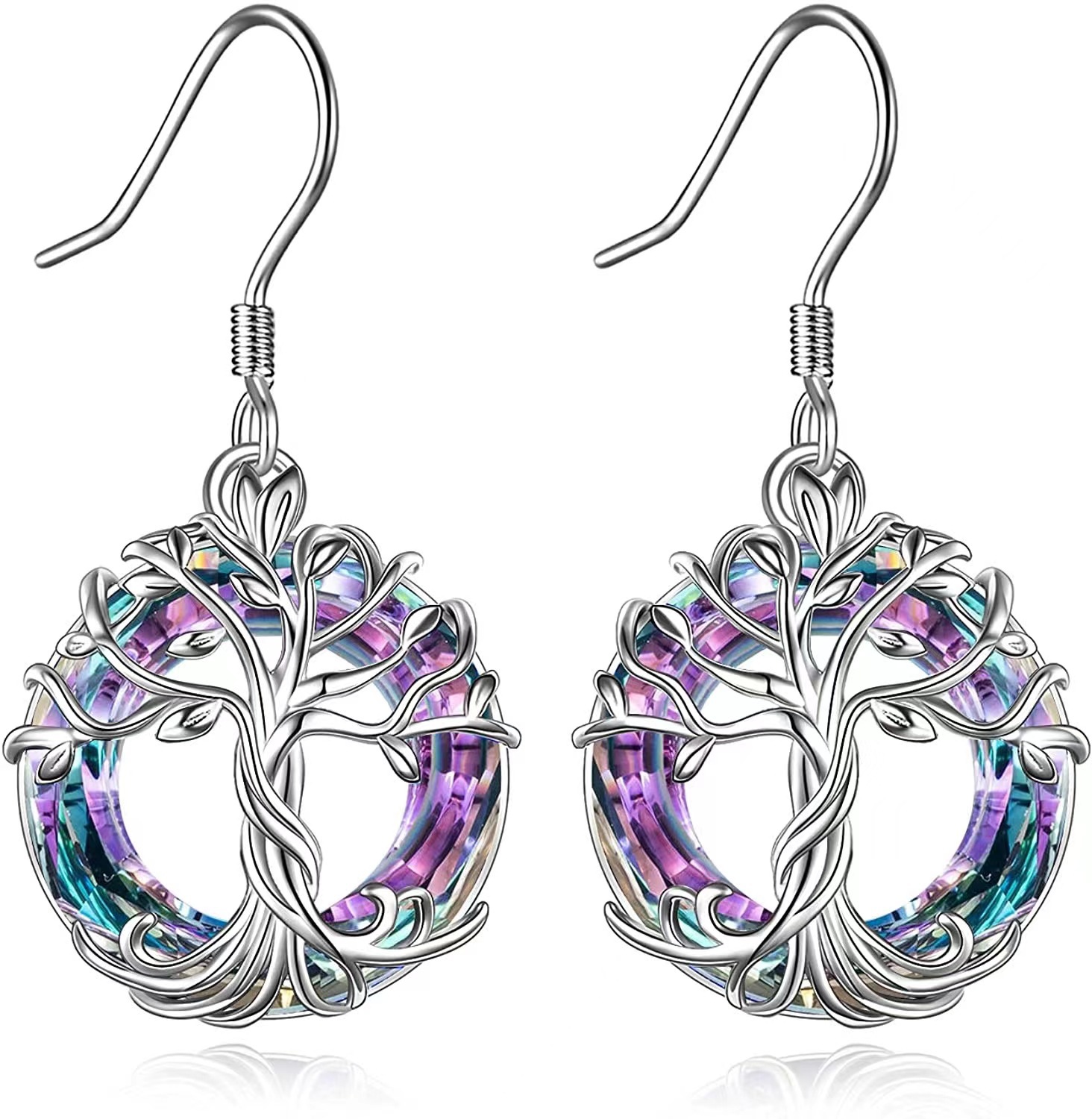 Cross-border Explosive Elegant Luxury Ladies Earrings Multicolor Crystal Tree of Life Earrings Personality Circle Imitation Crystal Earhooks - Image 7