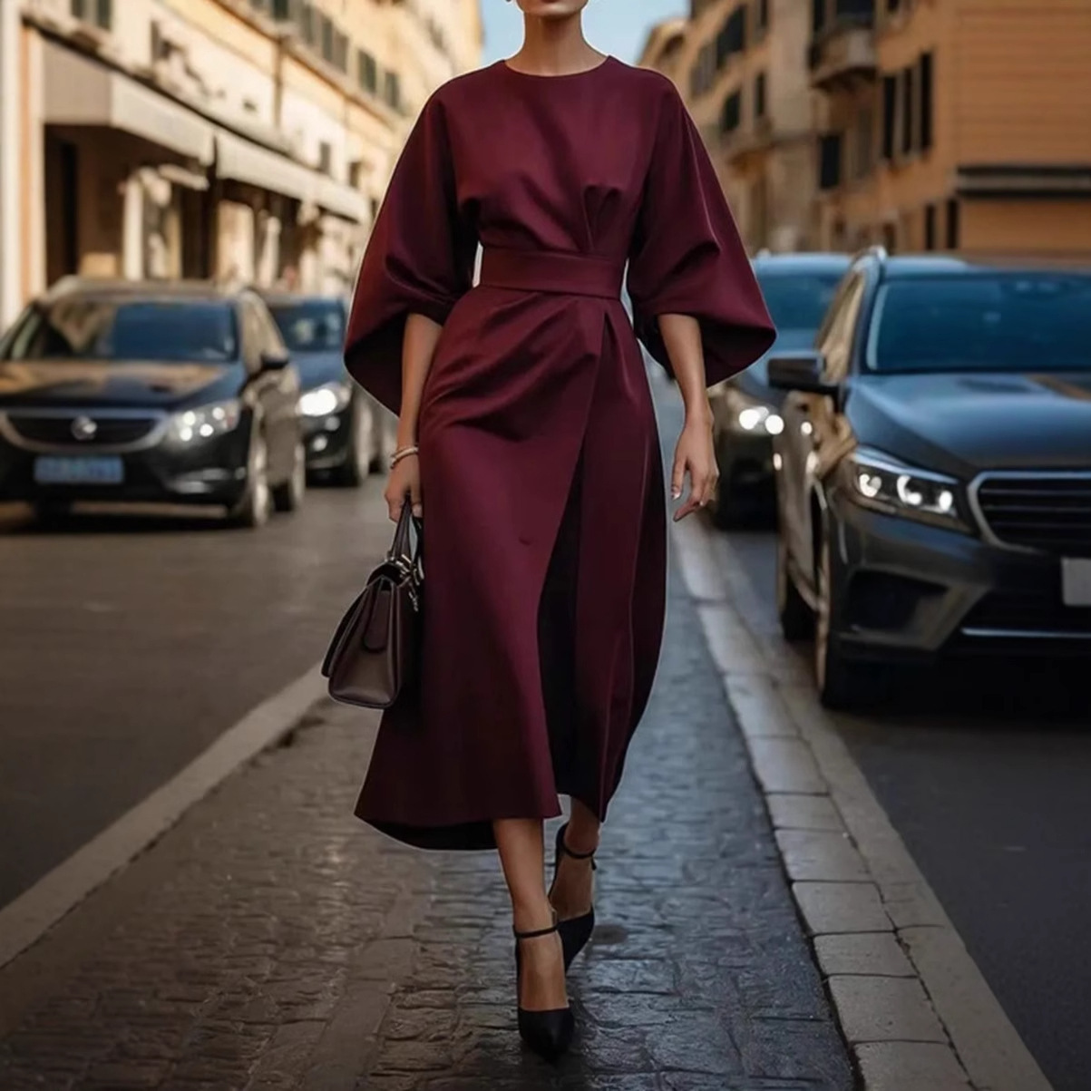 2025 Foreign Trade Women's Clothing, European and American Cross-border Fashion, Elegant Solid Color Waist-cinching Dress, Casual Batwing Sleeve Long Skirt - Image 4
