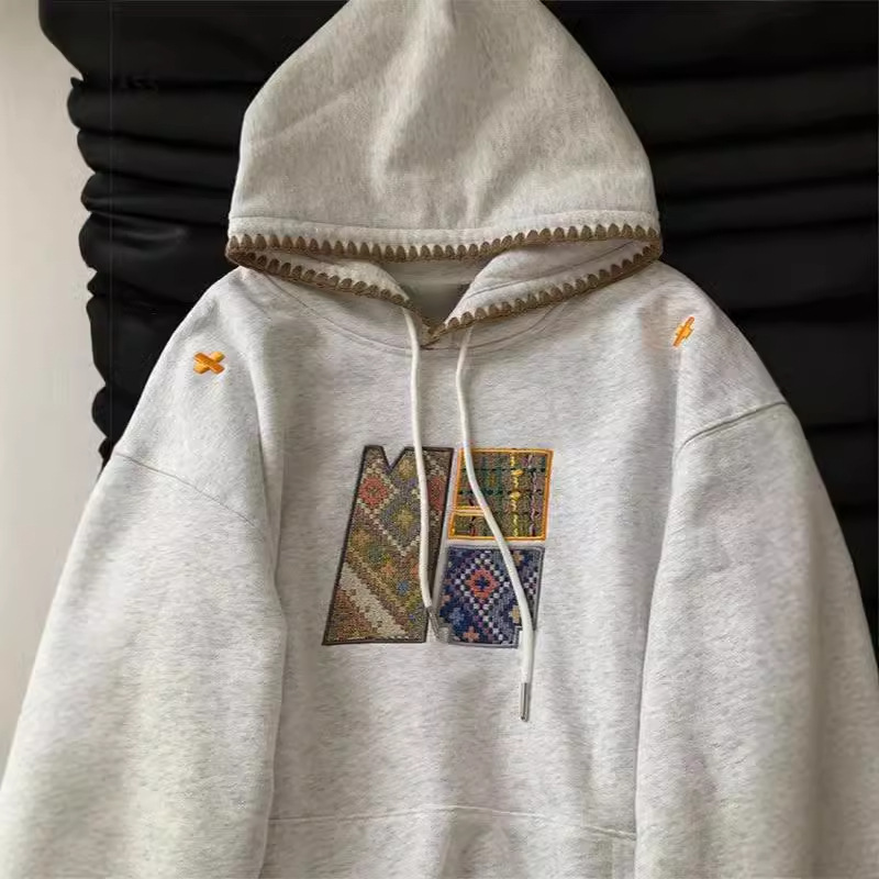 National trend embroidery American retro hooded sweatshirt for women autumn and winter slim loose lazy style plus velvet large size top - Image 4