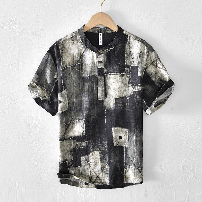 Chinese style linen short-sleeved shirt men's summer five-quarter sleeve top T-shirt stand collar loose pullover half-sleeved shirt - Image 5