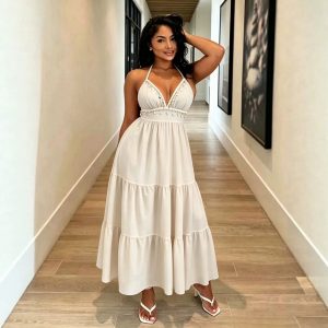 European and American style new cross-border resort-style V-neck halter neck tie dress with shell tassels, solid color fashionable long dress