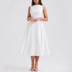 Summer AliExpress European and American style women's elegant sexy backless fashion slim round neck sleeveless solid color dress