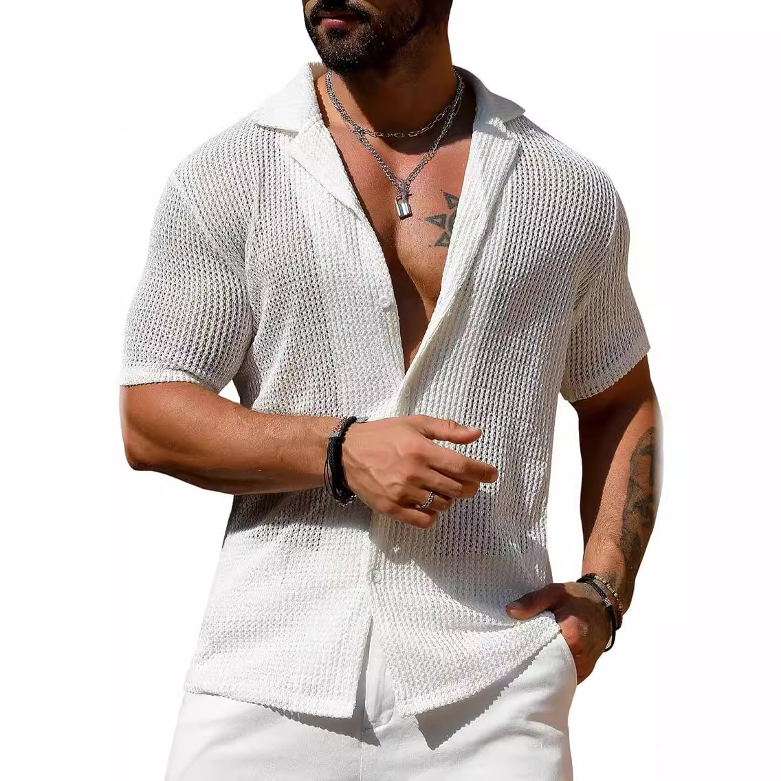 European and American men's casual shirts summer fashion cool breathable men's cardigan solid color short-sleeved tops knitted men's shirts - Image 3