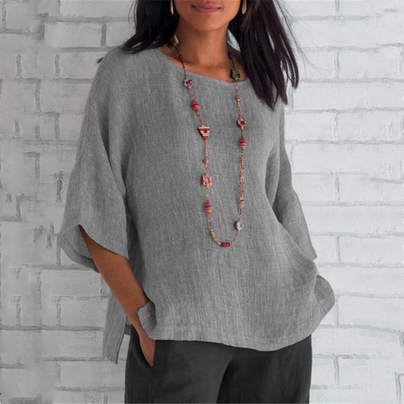 2026 Wish, EABI, Amazon New Arrival Women's Three-Quarter Sleeve Round Neck Cotton Linen Shirt Top - In Stock - Image 6