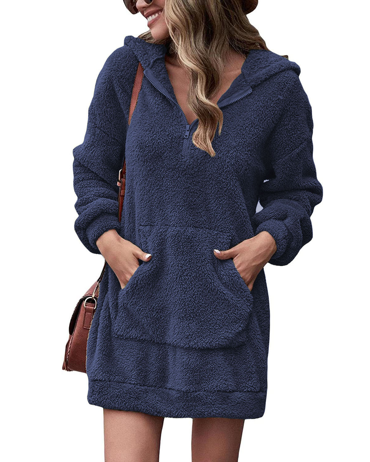 2022 new European and American cross-border autumn and winter women's clothing double-sided fleece hooded loose zipper plush pocket sweater jacket - Image 5