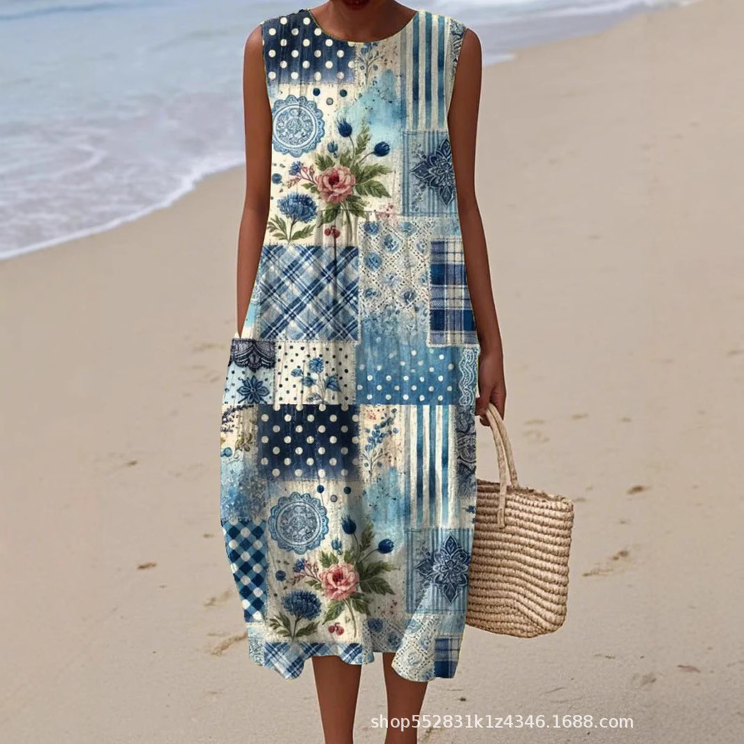 2025 European and American spring and summer new sleeveless casual printed temperament long dress slim small fresh casual dress - Image 4