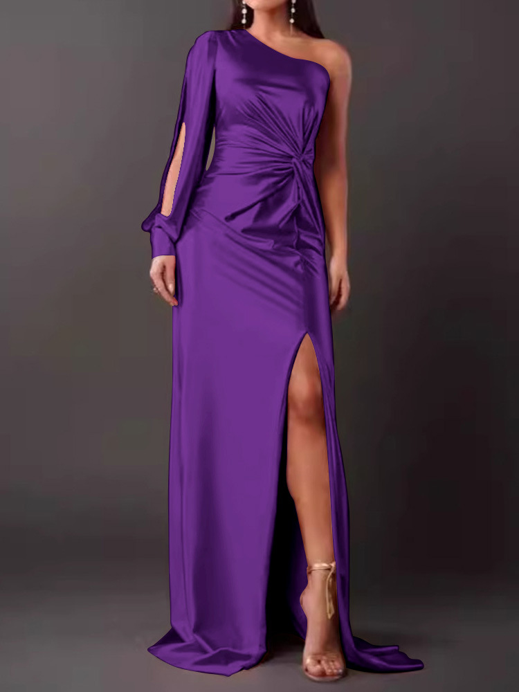 2024 summer new European and American Amazon cross-border women's clothing oblique collar raglan sleeves pleated waist slit sexy long skirt - Image 13