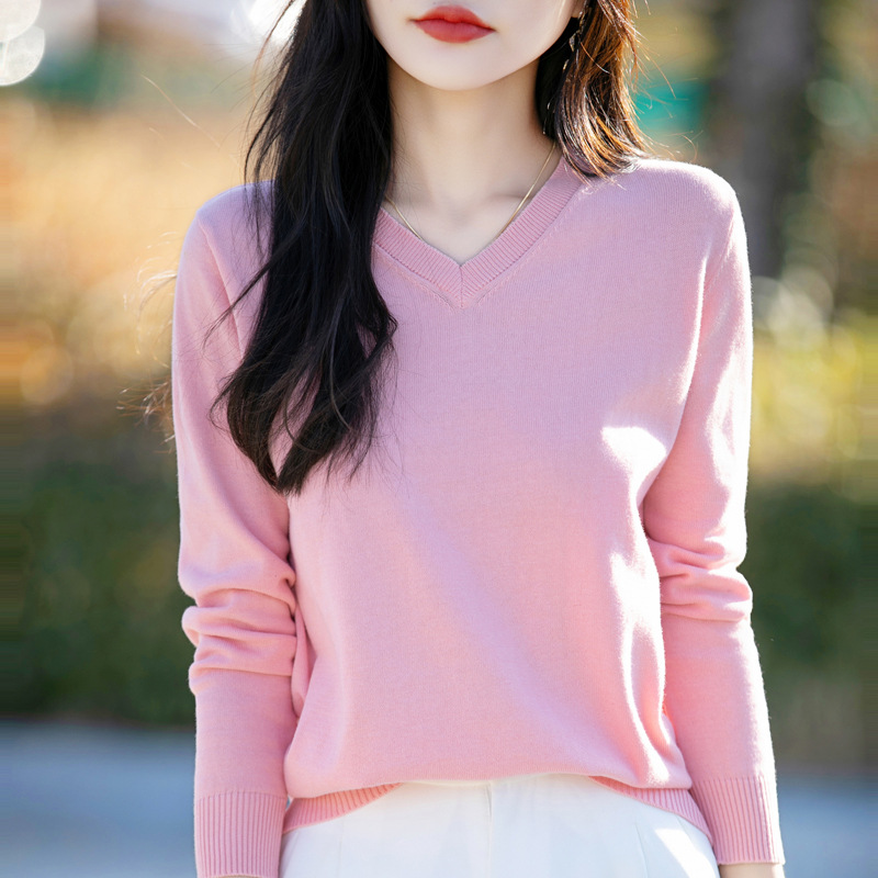 100% Cotton Spring New V-Neck Knitted Long-Sleeved Soft Loose Pullover Simple Solid Color Stylish Base Layer Women's Clothing - Image 13