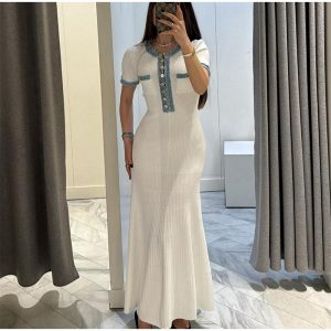 Women's single-breasted knitted dress Elegant denim patchwork long skirt 2024 sexy slim hip stretch skirt
