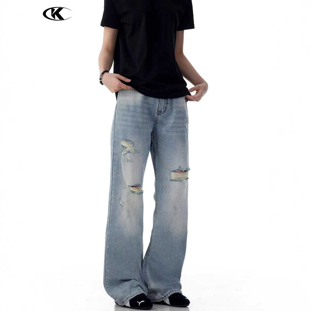 11KN American washed blue ripped flared jeans for men and women bootcut slim loose personality casual trousers - Image 5