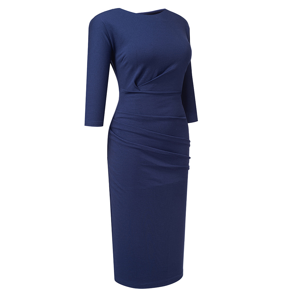 Amazon 2023 cross-border European and American autumn and winter new elegant women's pleated mid-waist round neck wrap hip professional dress - Image 6