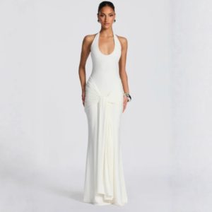 New cross-border European and American style women's fashion U-neck ribbon spliced suspender long dress slim body hip halter neck dress