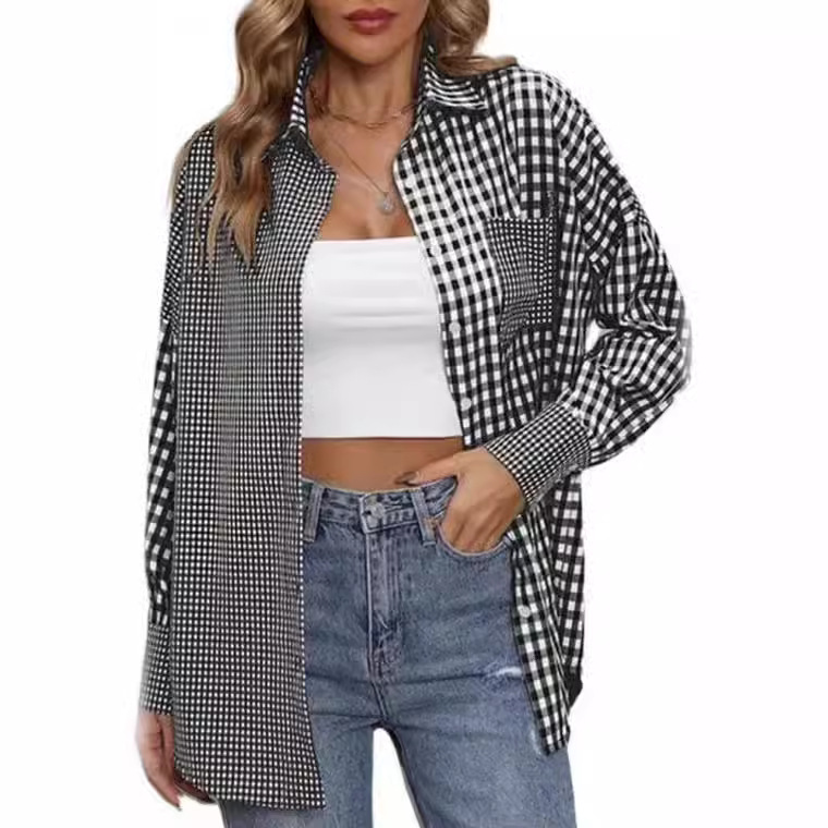 2023 Amazon women's spring and summer new cross-border European and American foreign trade ladies' fashion loose casual plaid shirt - Image 3