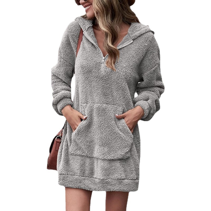 2023 new European and American cross-border autumn and winter women's clothing double-sided fleece hooded loose zipper plush pocket sweater jacket - Image 10