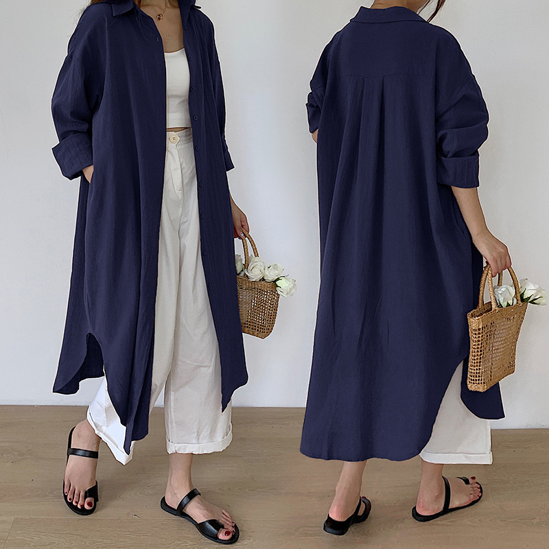2025 Korean chic, relaxed style, simple basic comfortable long over-the-knee shirt, trench coat, jacket, shirt. - Image 3