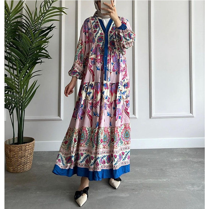 2023 new color contrast dress cross-border dress women's long-sleeved stand-up collar printed large swing skirt national long skirt - Image 5